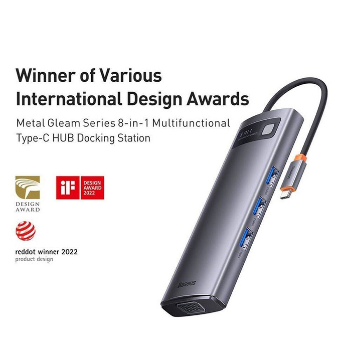 Station d'accueil HUB Baseus Metal Gleam Series 8 en 1 USB Type C - 1 x HDMI / 3 x USB 3.2 Gen.1 / 1 x Power Delivery / 1 x lecteur de carte SD / 1 x lecteur de carte TF / 1 x VGA gris (WKWG050013)