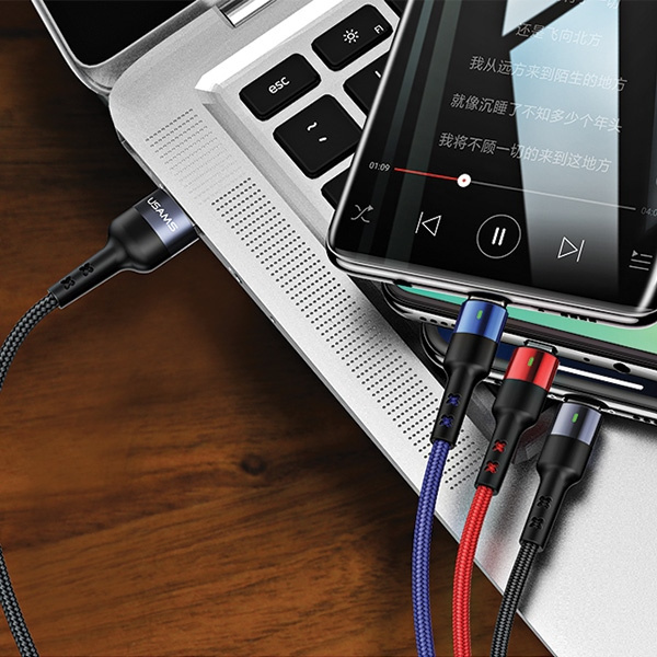 Cavo USAMS intrecciato 3in1 Lightning MicroUSB USB-C 2A Fast Charge 3m nero