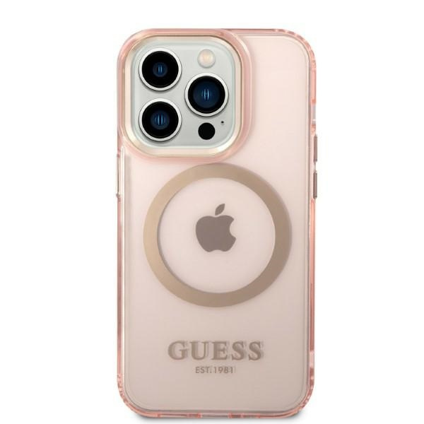 Guess GUHMP14LHTCMP iPhone 14 Pro 6,1" růžový/růžový hard case Zlatý obrys průsvitný MagSafe
