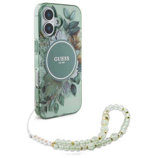 Etui Guess iPhone 16 Plus 6.7" zielony/green hardcase IML Flowers With Pearl Strap MagSafe