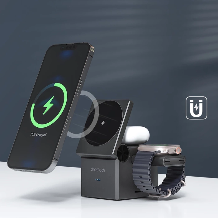 Choetech T632-F induktives Ladegerät 15W 3in1 für iPhone / Apple Watch / AirPods - Grau