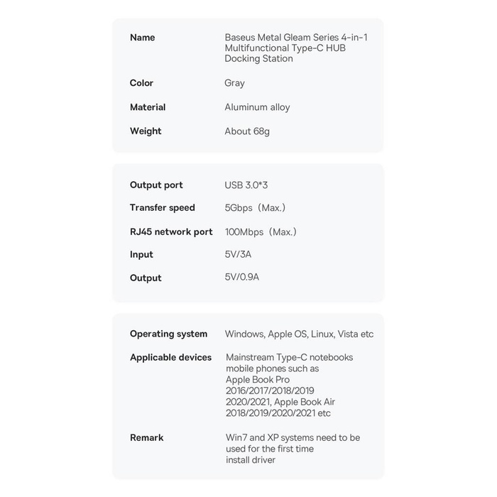 Baseus Metal Gleam Series HUB 4 en 1 USB Type C - 3 x USB 3.2 Gen. 1 / RJ45 (WKWG070113)