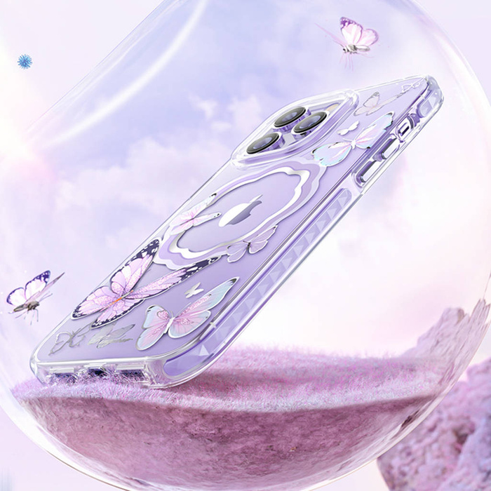 Custodia magnetica Kingxbar Butterfly Series per iPhone 14 Pro MagSafe decorata con una stampa di farfalle rosa