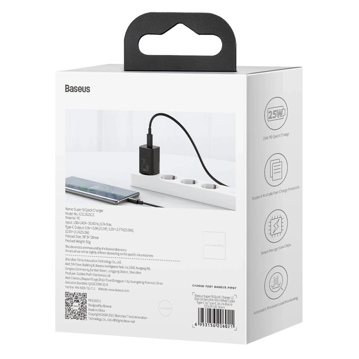 Rychlá nabíječka Baseus Super Si 1C USB Type C 25W Power Delivery Quick Charge černá (CCSP020101)