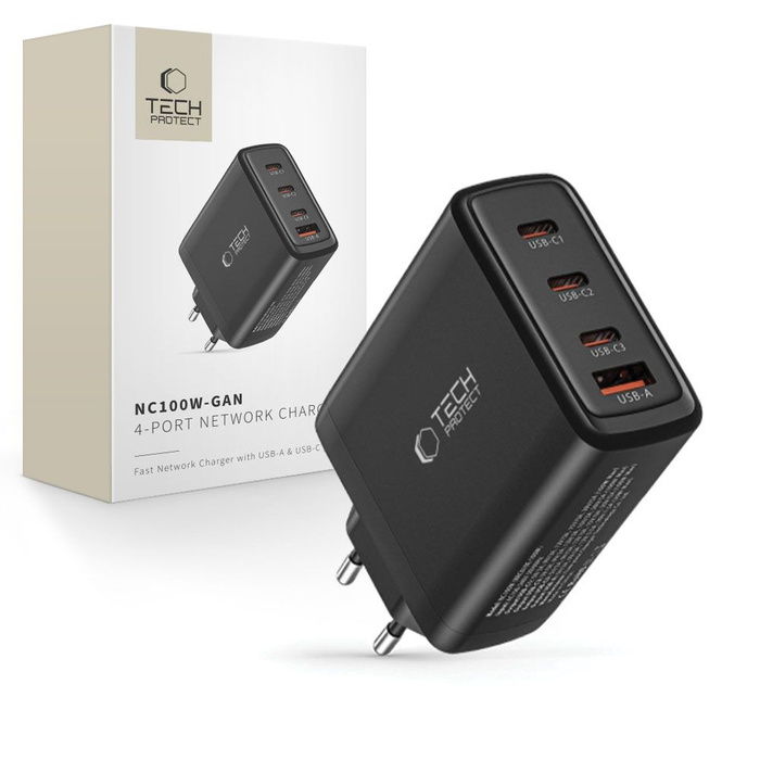 TECH-PROTECT NC100W-GAN 4-PORTOVÁ SIEŤOVÁ NABÍJAČKA PD100W/QC3.0 ČIERNA