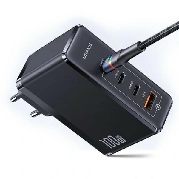 Poplatek USAMS. 3xUSB-C+1xUSB GaN 100W T50 PD (pouze hlava) Rychlé nabíjení černá/černá CC163TC01 (US-CC163)