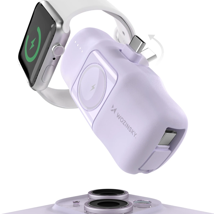 Mini powerbank Wozinsky WF16-YCS 5000mAh 15W USB-C z wbudowanym kablem USB-C i ładowarką do Apple Watch - fioletowy