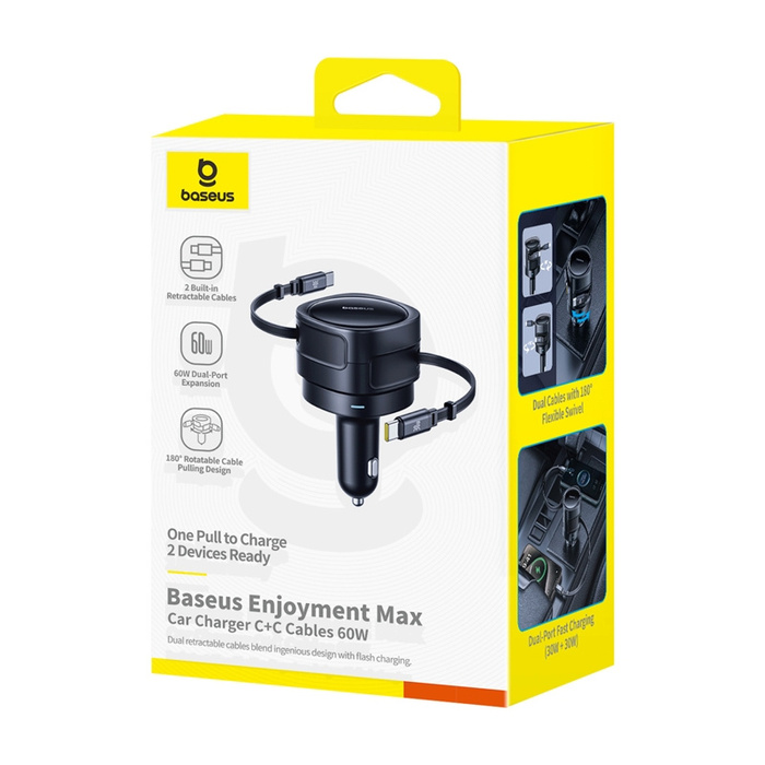 Ładowarka samochodowa Baseus Enjoyment Max z kablami USB-C+USB-C 60W Czarny
