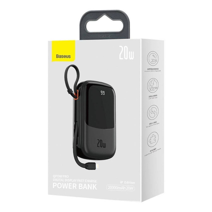 Baseus Qpow Digital Display power bank con carga rápida 20000mAh 20W QC/PD/SCP/FCP con cable Lightning integrado negro