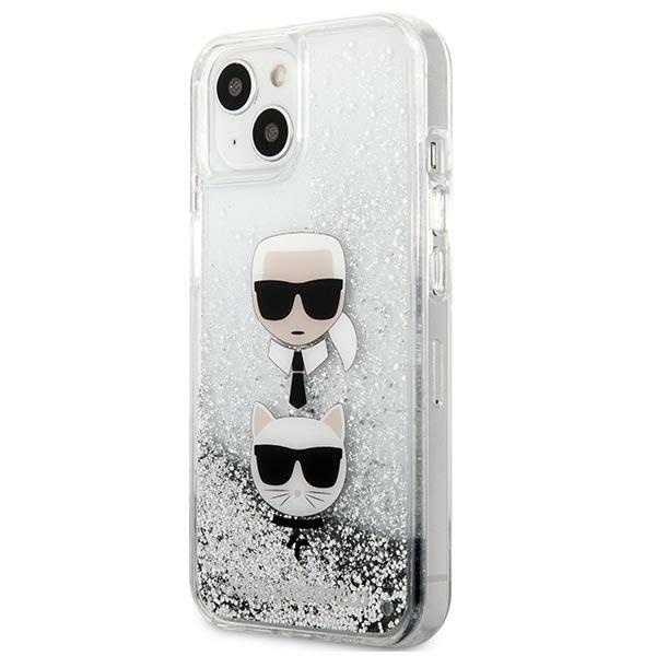 Pouzdro KARL LAGERFELD Apple iPhone 13 Mini Liquid Glitter Karl & Choupette Head Silver Hardcase
