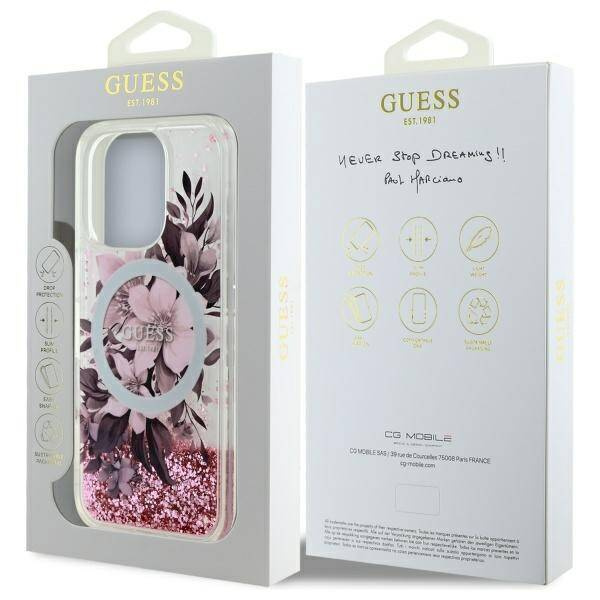 Etui Guess iPhone 16 Pro 6.3"   różowy/pink hardcase Liquid Glitter Flower MagSafe