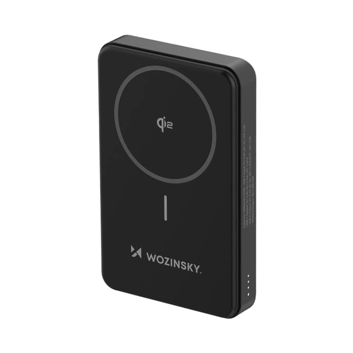 Powerbank Wozinsky WLWP-10KA0Y3S 22,5W PD Qi2 10000 mAh, z podstawką, 1x USB-A, 1x USB-C - czarny