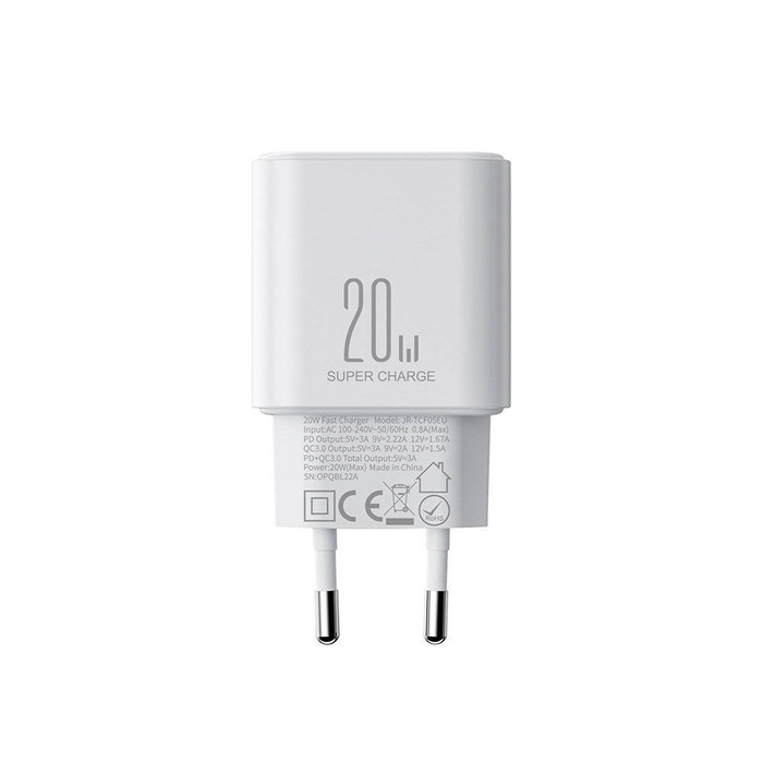 Joyroom JR-TCF05 20W USB-C / USB-A Fast Dual Port Wall Charger - White + USB-C - Lightning 1m