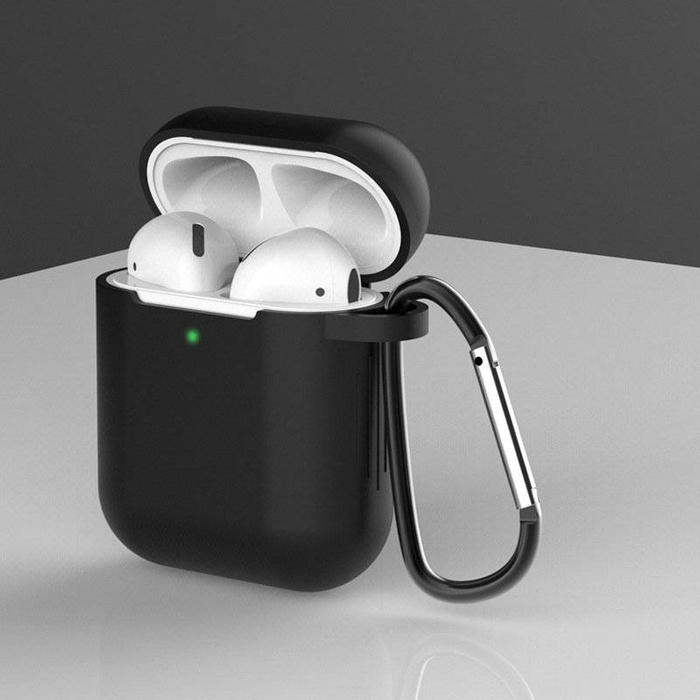 Custodia per AirPods 2 / AirPods 1 custodia morbida in silicone per cuffie + ciondolo moschettone portachiavi nero (custodia D)