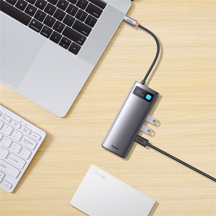 Station d'accueil HUB Baseus Metal Gleam Series 8 en 1 USB Type C - 1 x HDMI / 3 x USB 3.2 Gen.1 / 1 x Power Delivery / 1 x lecteur de carte SD / 1 x lecteur de carte TF / 1 x VGA gris (WKWG050013)