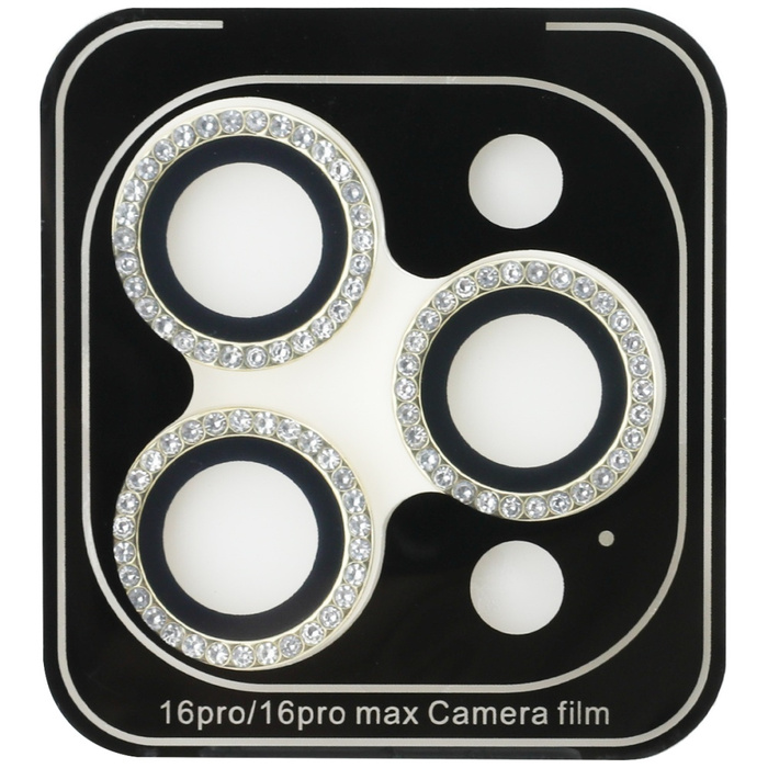 Zestaw 2w1 Guess BP Rhinestone szkło na   ekran i obiektyw aparatu do iPhone 16 Pro Max złoty