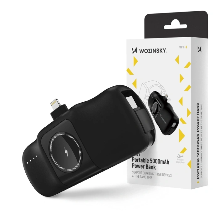 Mini powerbank Wozinsky WF16-YLS 5000mAh 15W Lightning z wbudowanym kablem USB-C i ładowarką do Apple Watch - czarny