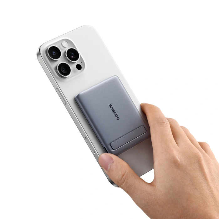 Powerbank Baseus PicoGo AM31 Qi2 5000mAh 20W ultracienki kompatybilny z MagSafe z podstawką z kablem plecionym Baseus Simple USB-C 20cm - szary