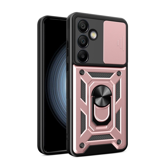 Hybrid Armor Camshield-Hülle mit Kameraabdeckung und Metallring für Samsung Galaxy S24 FE – Pink