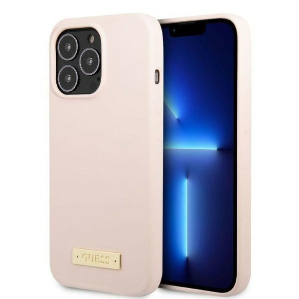 Hülle GUESS Apple iPhone 13 Pro Max Silikon Logo Platte MagSafe Rosa Hartcase