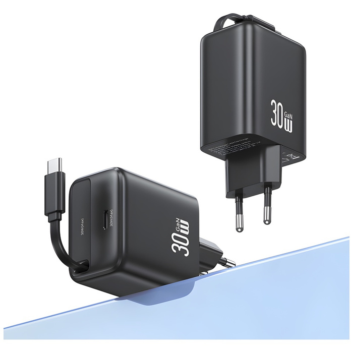 USAMS Ład. siec. 1xUSB-C ze zwijanym kablem USB-C Retractable PD+QC 30W Gan Fast Charging czarny/black YC Series CC241TC01 (US-CC241)