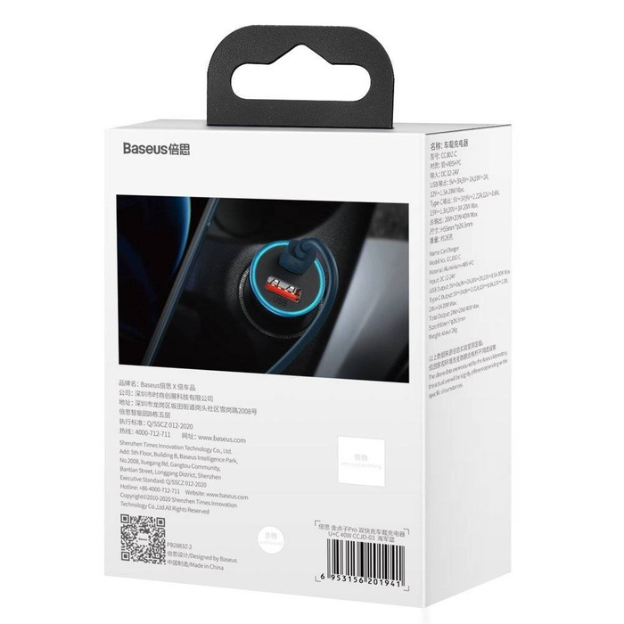 Baseus Golden Contactor Pro Fast USB Car Charger Type C / USB 40 W Power Delivery 3.0 Quick Charge 4+ SCP FCP AFC blue (CCJD-03)