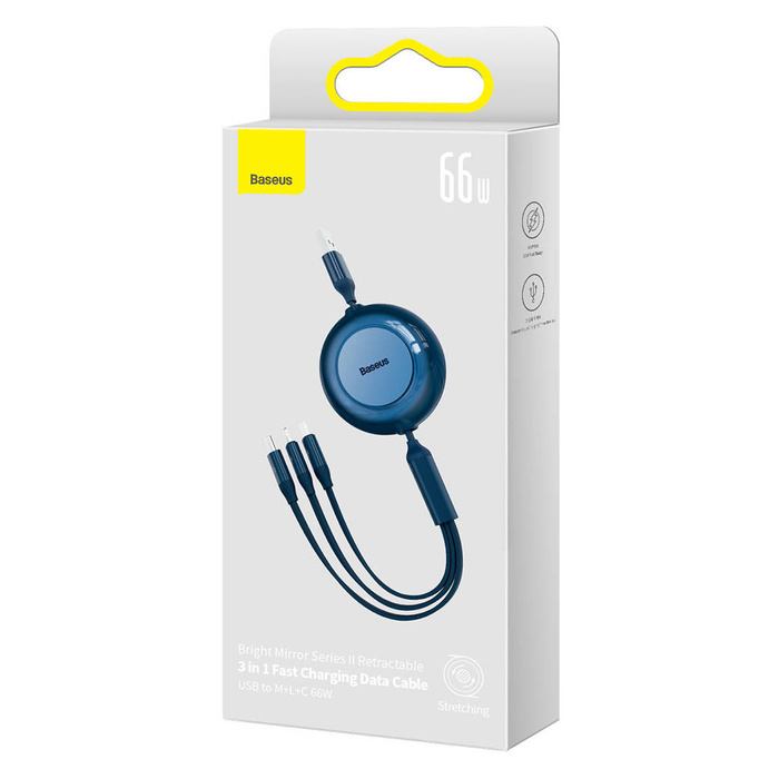 Baseus Bright Mirror 2 cable retráctil 3en1 USB tipo A - micro USB + Lightning + USB tipo C 66W 1,1m azul (CAMJ010103)
