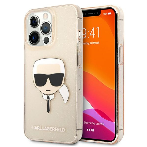 Pouzdro KARL LAGERFELD Apple iPhone 13 Pro Glitter Karl`s Head Golden Hardcase