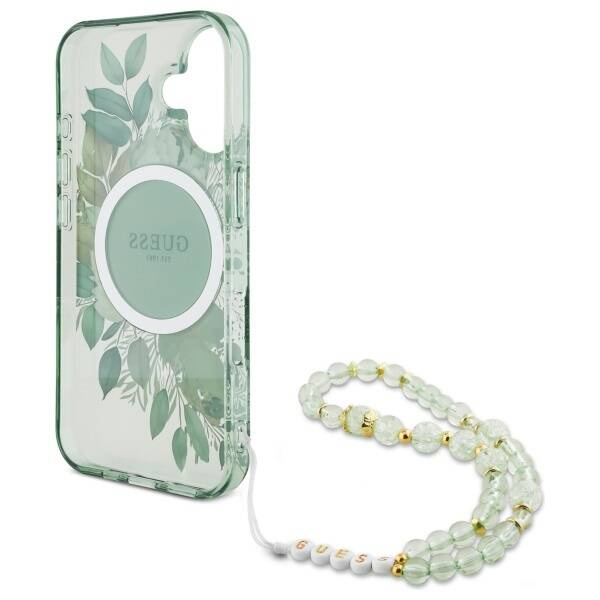 Etui Guess iPhone 16 Plus 6.7" zielony/green hardcase IML Flowers With Pearl Strap MagSafe