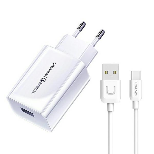 USAMS Network Charge. 1xUSB T22 18W 3A QC3.0 + cable USB-C 1m white/white T48OCLN01