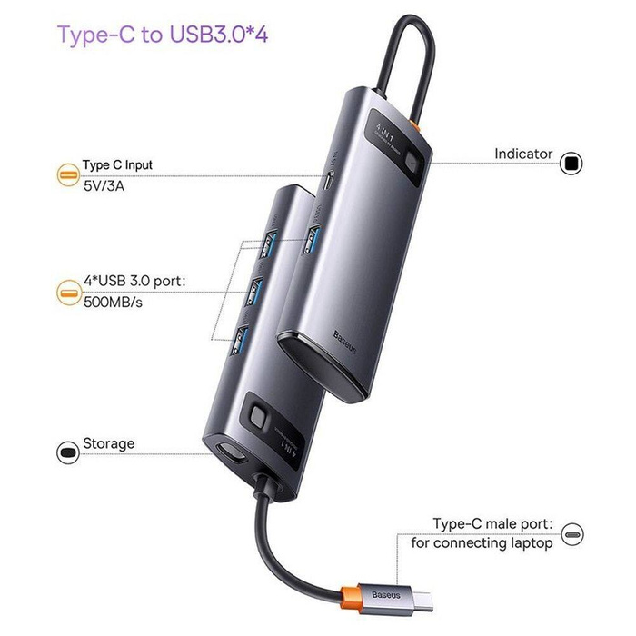 Baseus Metal Gleam Series 4 in 1 HUB Docking Station USB Type C - 4 x USB 3.2 Gen. 1 (WKWG070013)