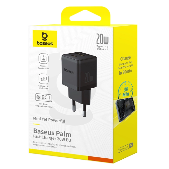 Baseus Palm 20W USB-C USB-A Wandladegerät - Schwarz