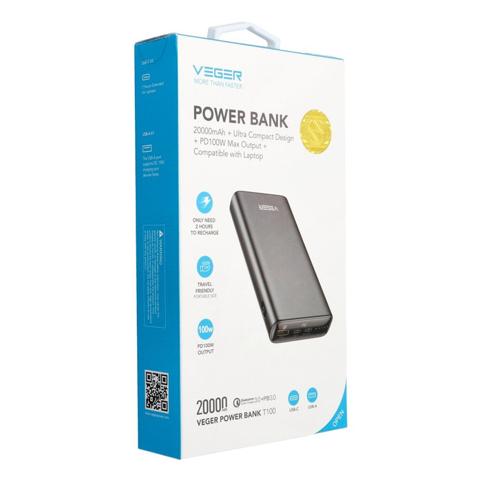 Powerbank Veger T100 (W2032C-100) PD QC3.0 5A 100W 20000 mAh czarny