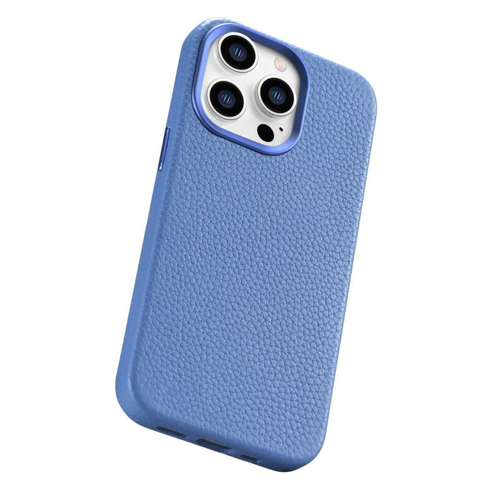 iCarer Litchi Premium Leather Case Étui en cuir iPhone 14 Pro Max magnétique avec MagSafe bleu clair (WMI14220712-LB)