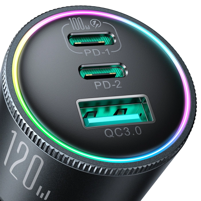 Joyroom JR-CCN07 nabíječka do auta 120W 2xUSB-C USB-A + USB-C kabel 100W - tmavě šedá