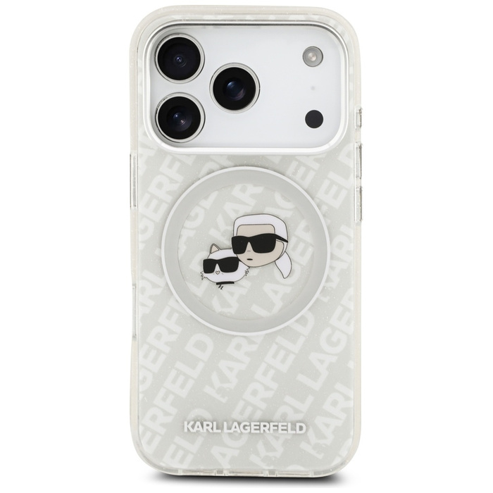 Etui Karl Lagerfeld IML Glitter Karl &   Choupette Heads Logo MagSafe do iPhone 17 Pro Max szary