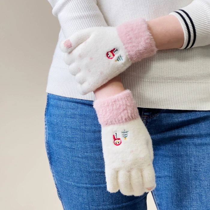 Gants de téléphone d'hiver femme avec un bonhomme de neige et un sapin de Noël - blanc et rose
