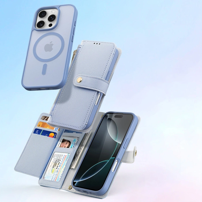 Dux Ducis Lawa iPhone 16 Pro Lederhülle mit abnehmbarer magnetischer Brieftasche - Blau