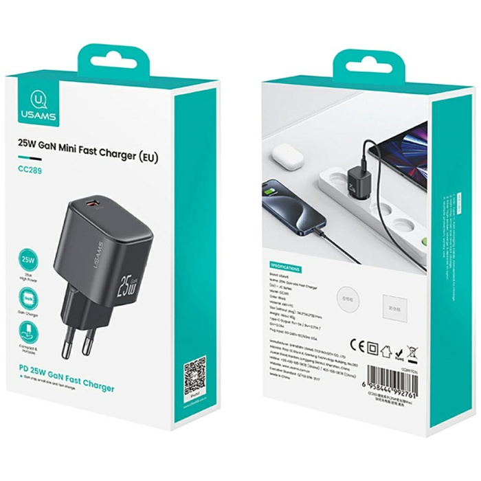 Ładowarka sieciowa USAMS JC Series CC289 25W GaN Mini Fast Charger USB-C czarny