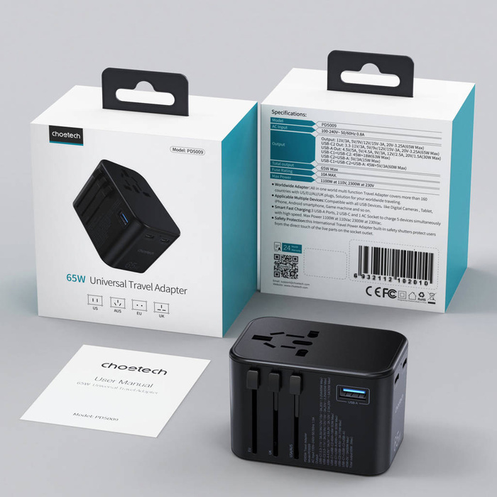 Choetech gaN 2 x USB Typ C / USB 65W Power Delivery Schnellladegerät schwarz (PD5009-BK)