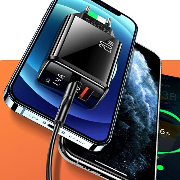 USAMS 1xUSB-C 1xUSB-A T40 20W LED PD3.0 QuickCharge3.0 Fast Charging Black