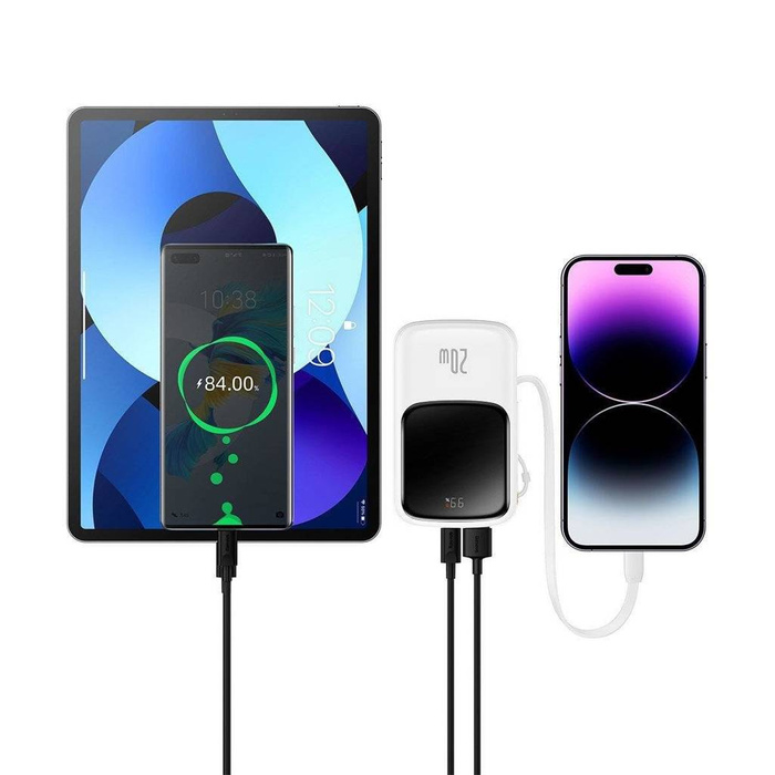 Banque d&#39;alimentation à affichage numérique Baseus Qpow avec charge rapide 10000mAh 20W QC/PD/SCP/FCP avec câble Lightning intégré blanc