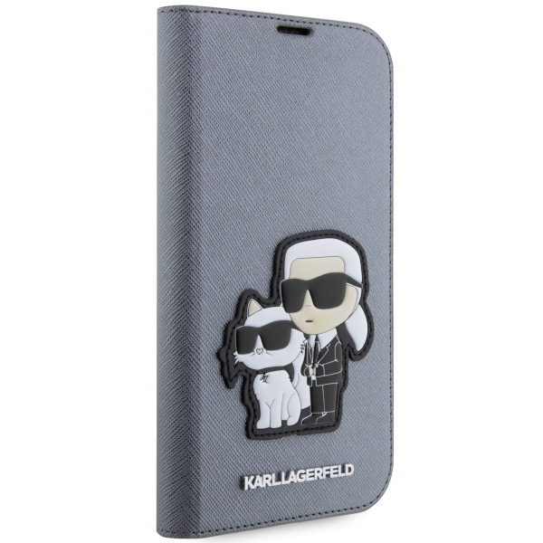 Hülle Karl Lagerfeld KLBKP14XSANKCPG iPhone 14 Pro Max 6,7" Buchcase silber/silber Saffiano Karl &amp; Choupette Case