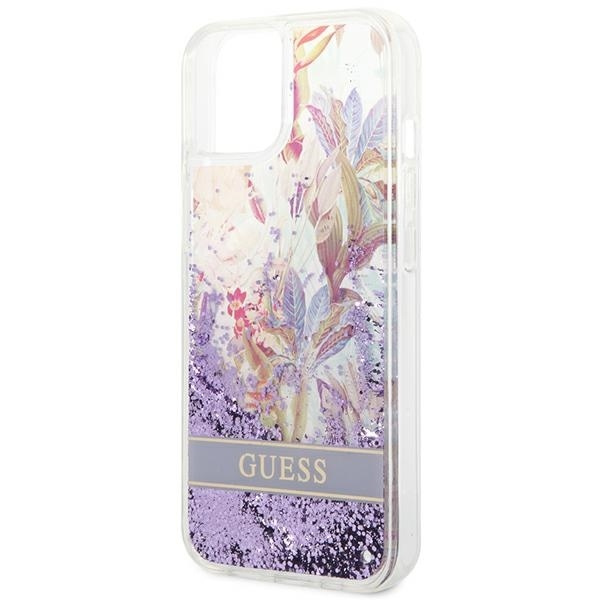 Hülle GUESS Apple iPhone 14 Blume Liquid Glitter Lila Hartcase