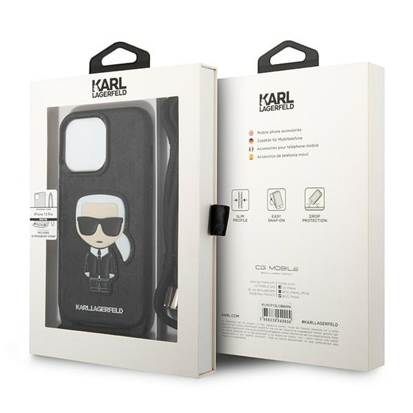 Karl Lagerfeld KLHCP13LCMNIPK iPhone 13 Pro / 13 6.1" hardcase schwarz/schwarz Leder Monogramm Patch und Kordel Iconik