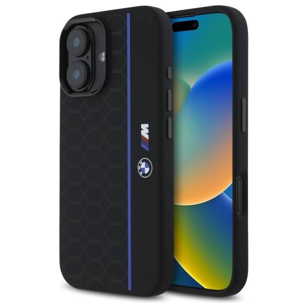 Coque BMW iPhone 16 noir/noircase Silicone Hexagon Blue Line MagSafe