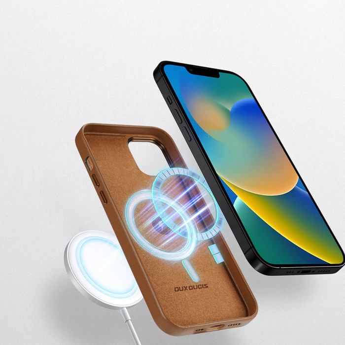 Kožený kryt Dux Ducis Grit pro iPhone 14 Elegantní kryt z umělé kůže (kompatibilní s MagSafe) Hnědý