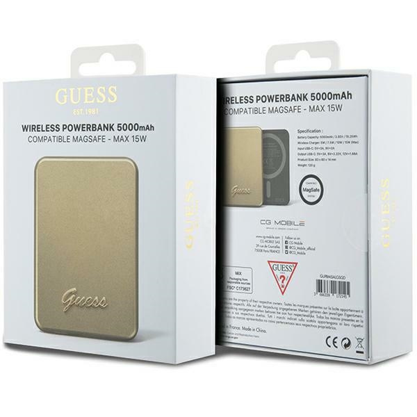 Guess Powerbank indukcyjny 15W GUPBM5ALGSGD 5000mAh złoty/gold MagSafe Metal Script Logo