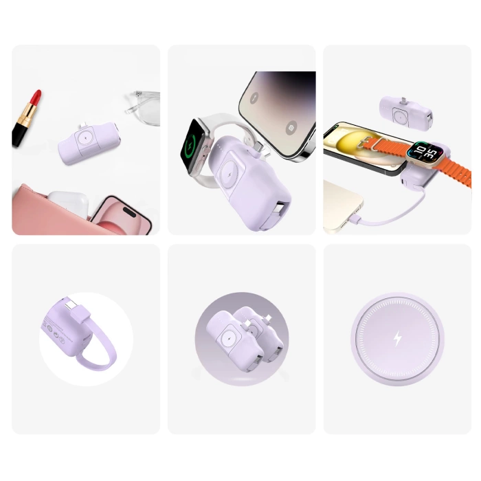 Wozinsky WF16-YCS 5000 mAh 15 W USB-C-Mini-Powerbank mit integriertem USB-C-Kabel und Apple Watch Ladegerät – Lila