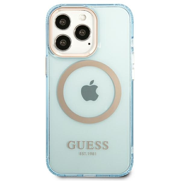 Hülle GUESS Apple iPhone 13 Pro Max Gold Outline Transluzent MagSafe Blau Hartcase